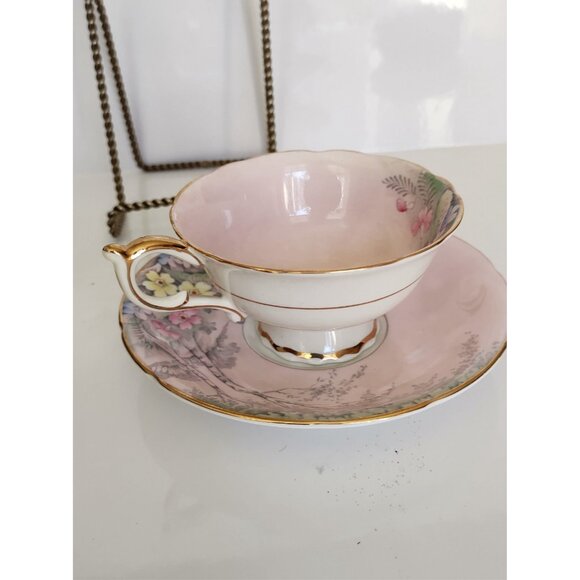 Paragon Tea Cup and Saucer Set Pink Floral Landscape with Birch Trees 1940's - Picture 7 of 14